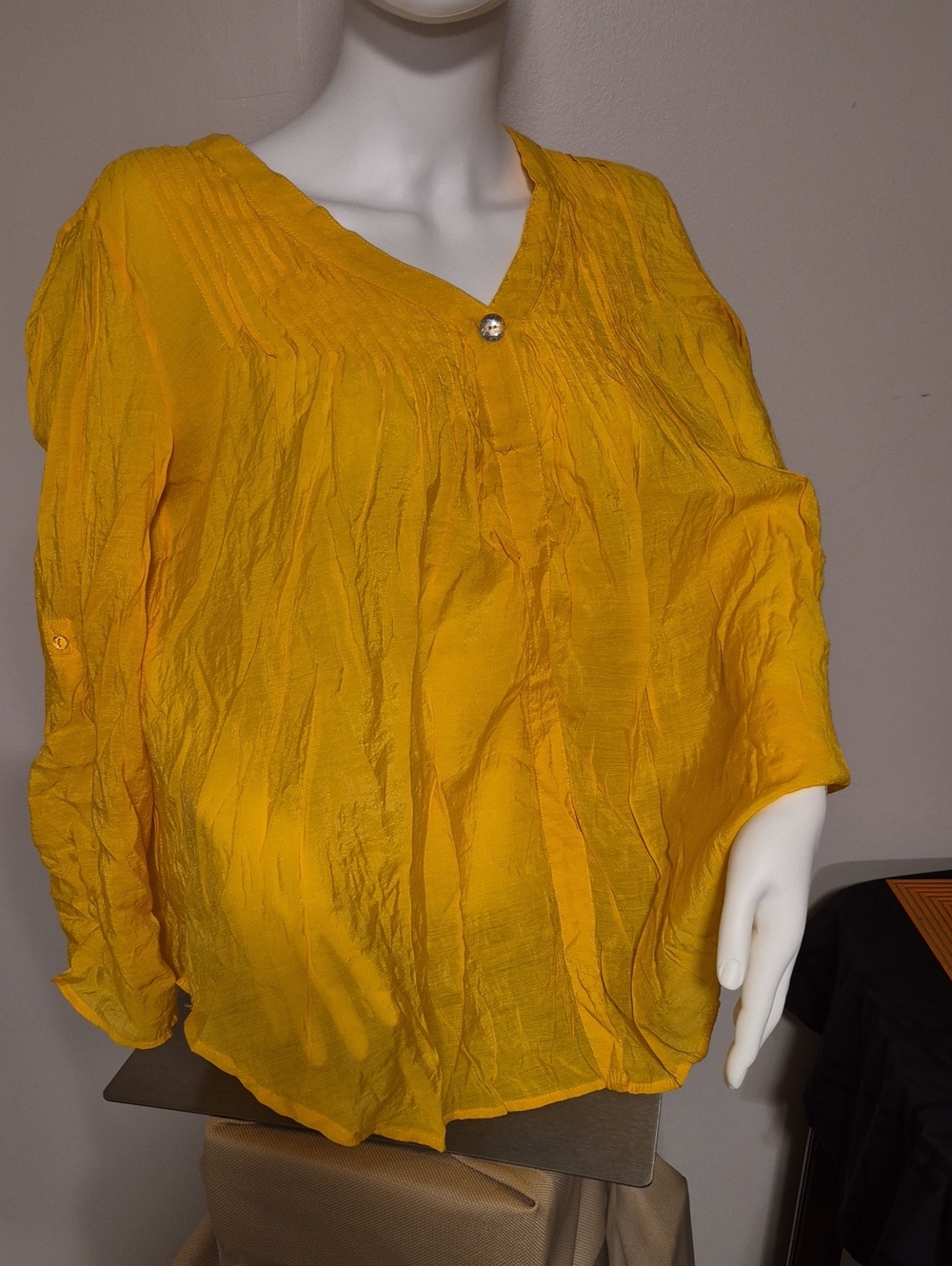 Yellow V-Neck Long-Sleeve Button-Accent Blouse